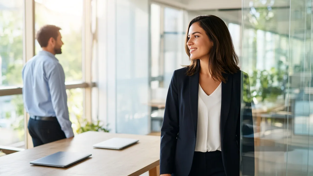 An analyst stands by a glass wall in a sunny office while a colleague waits nearby.