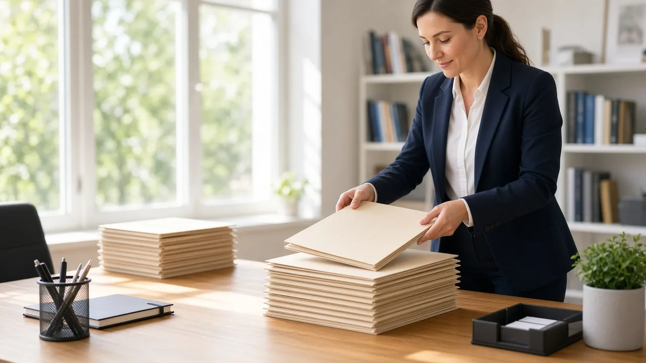 An investigator organizes a stack of closed folders on a sunny desk.