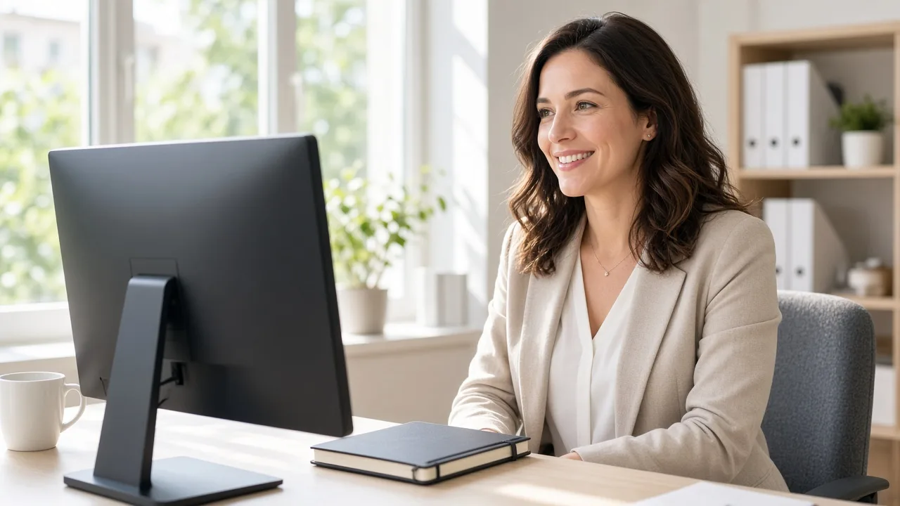 An analyst sits at a sunny desk with a monitor facing away and a closed notebook.