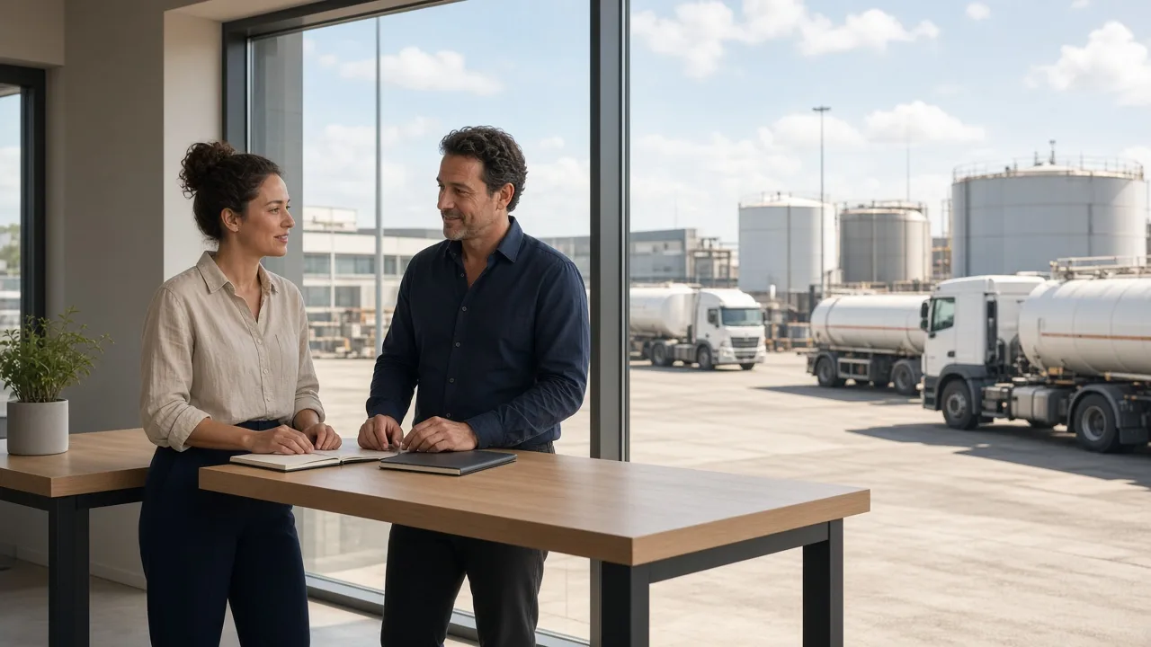 Two colleagues stand at a window overlooking a sunny fuel depot.