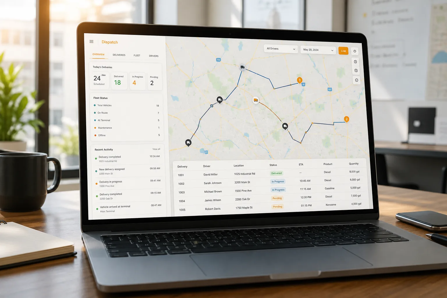 Laptop showing a fuel delivery platform dashboard with orders, fleet tracking, and logistics analytics