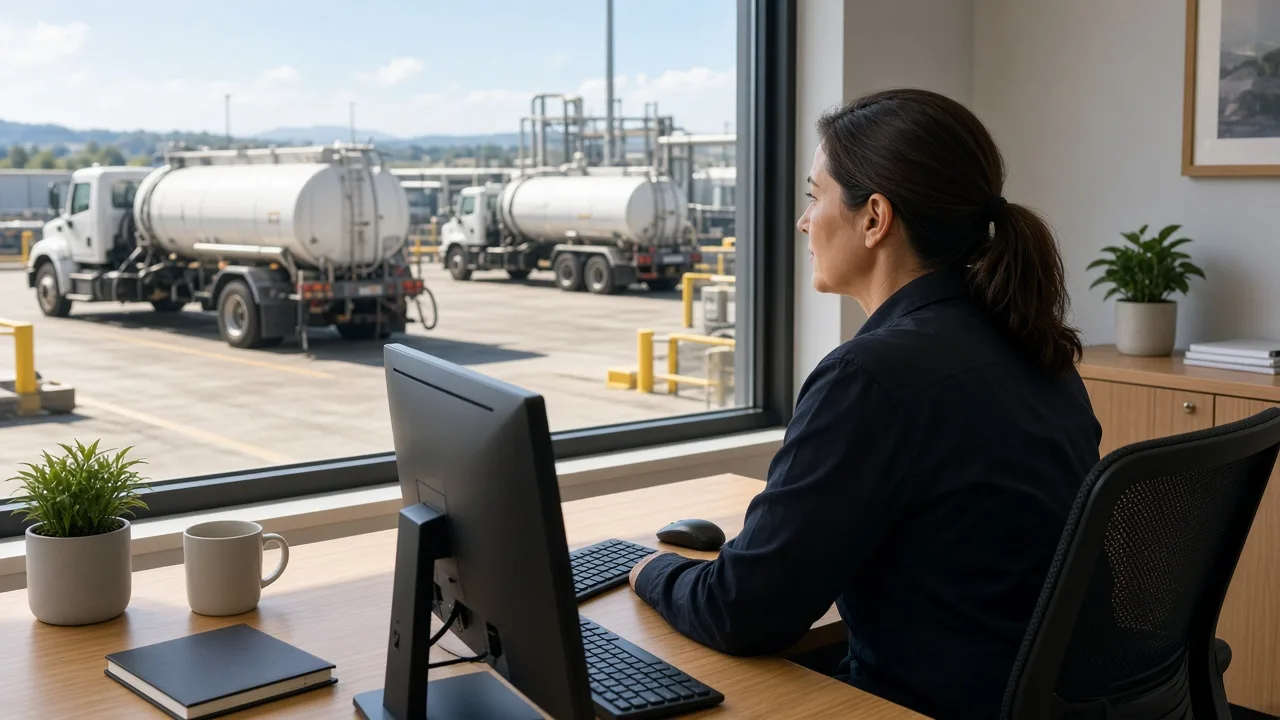 A coordinator at a desk looks toward a sunny fuel truck yard through a window.