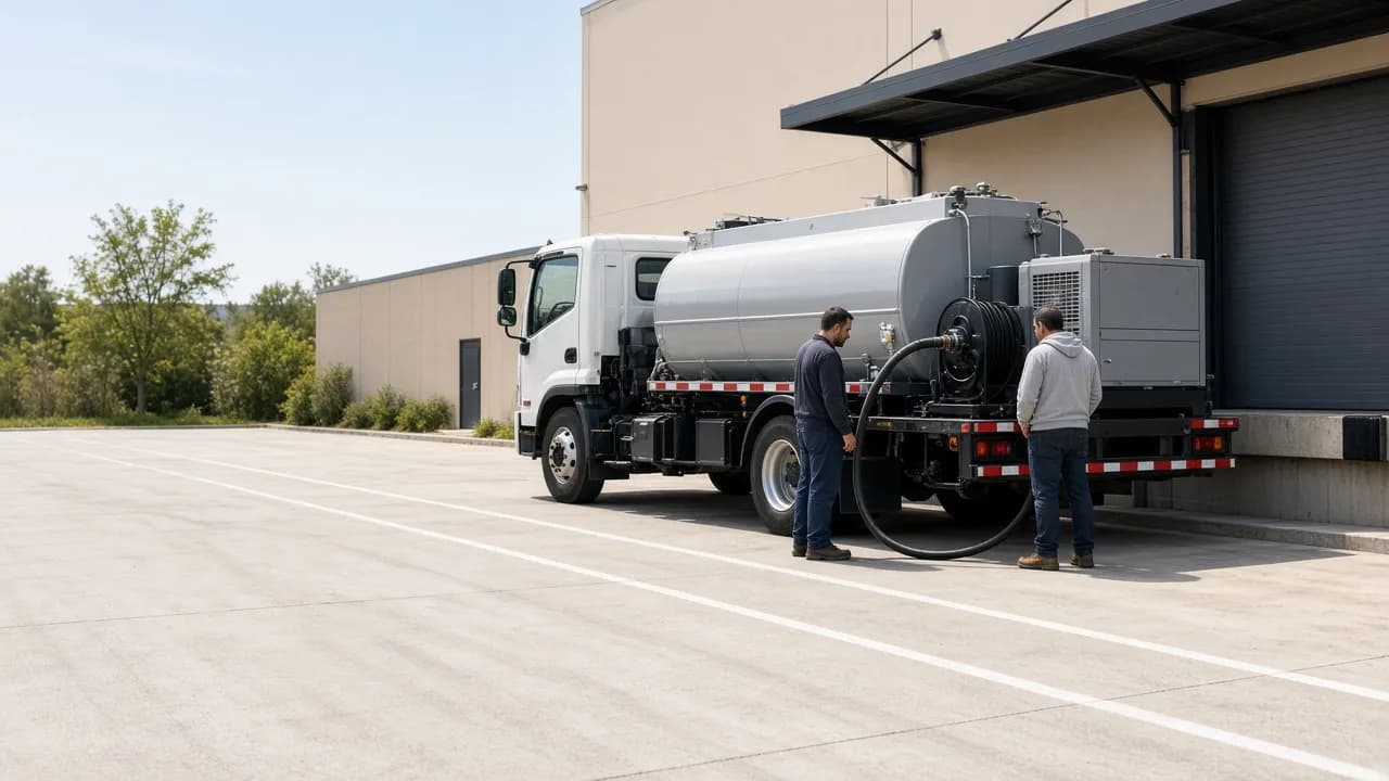 A fuel truck parked at a bright commercial loading dock with a hose connected.
