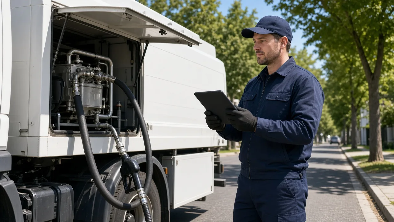 A driver stands beside a fuel hose and a white truck with a tablet facing away.