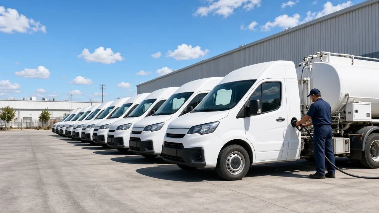 A technician fuels a white commercial van in a sunny fleet yard.