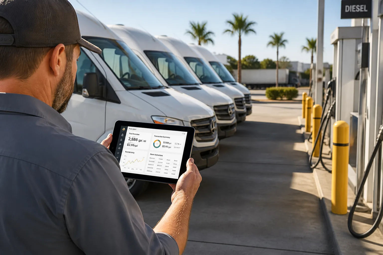 Fleet fuel management app with delivery scheduling, fuel consumption monitoring, and vehicle management