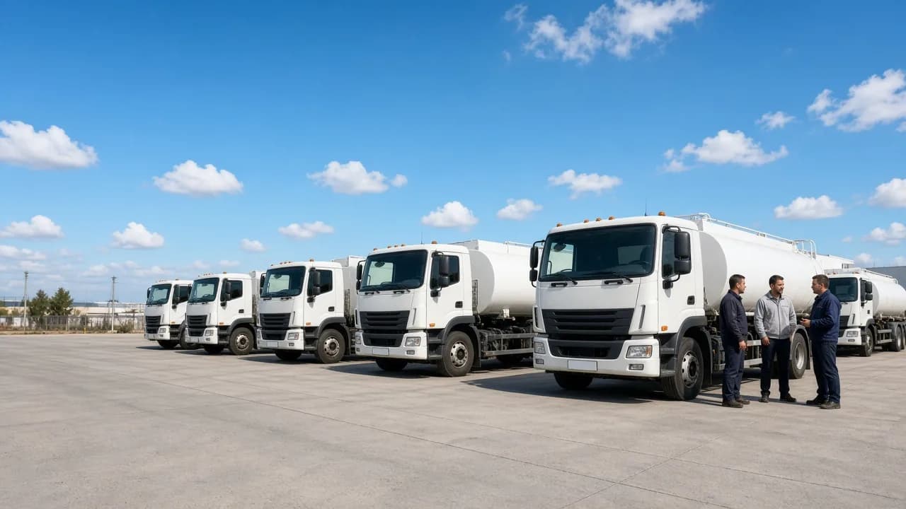 Several unmarked white fuel trucks parked in a bright supplier yard.