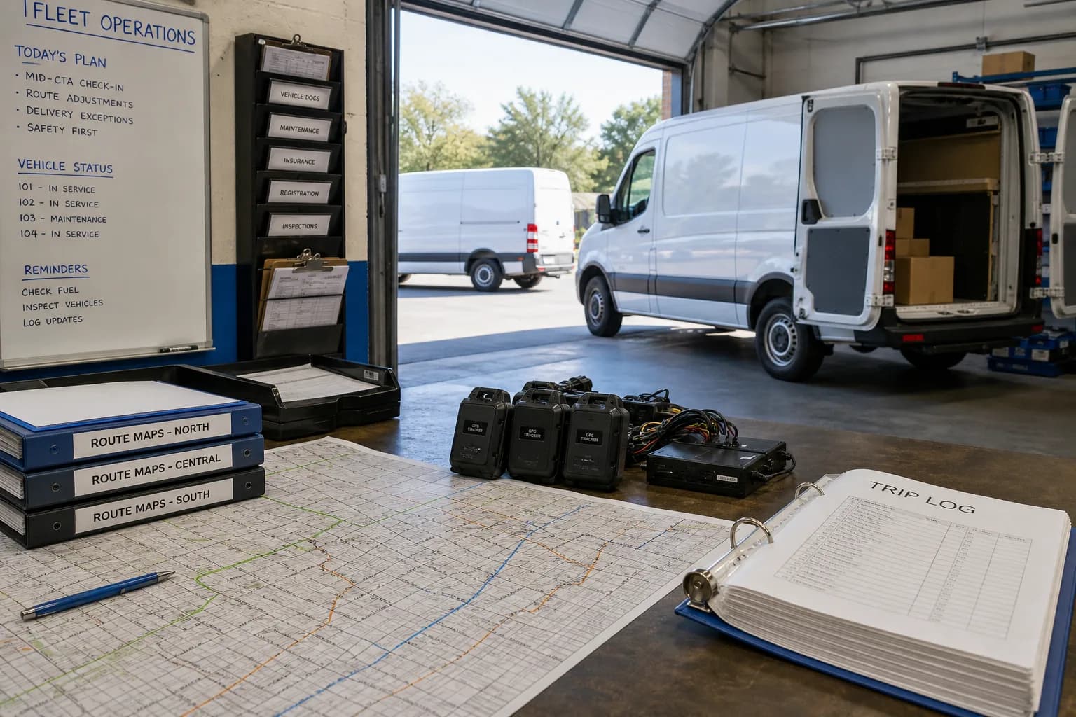 Bright USA fleet yard with route maps, vehicle keys, and GPS tracking units