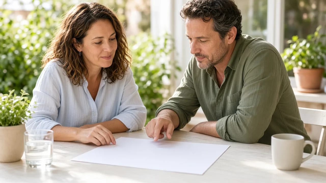 Two adults plan over a blank sheet at a sunny table.