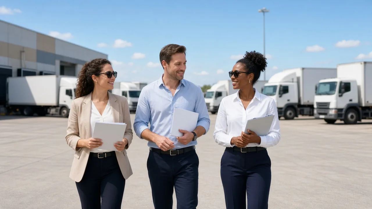 Three colleagues walk a sunny logistics yard with blank folders.
