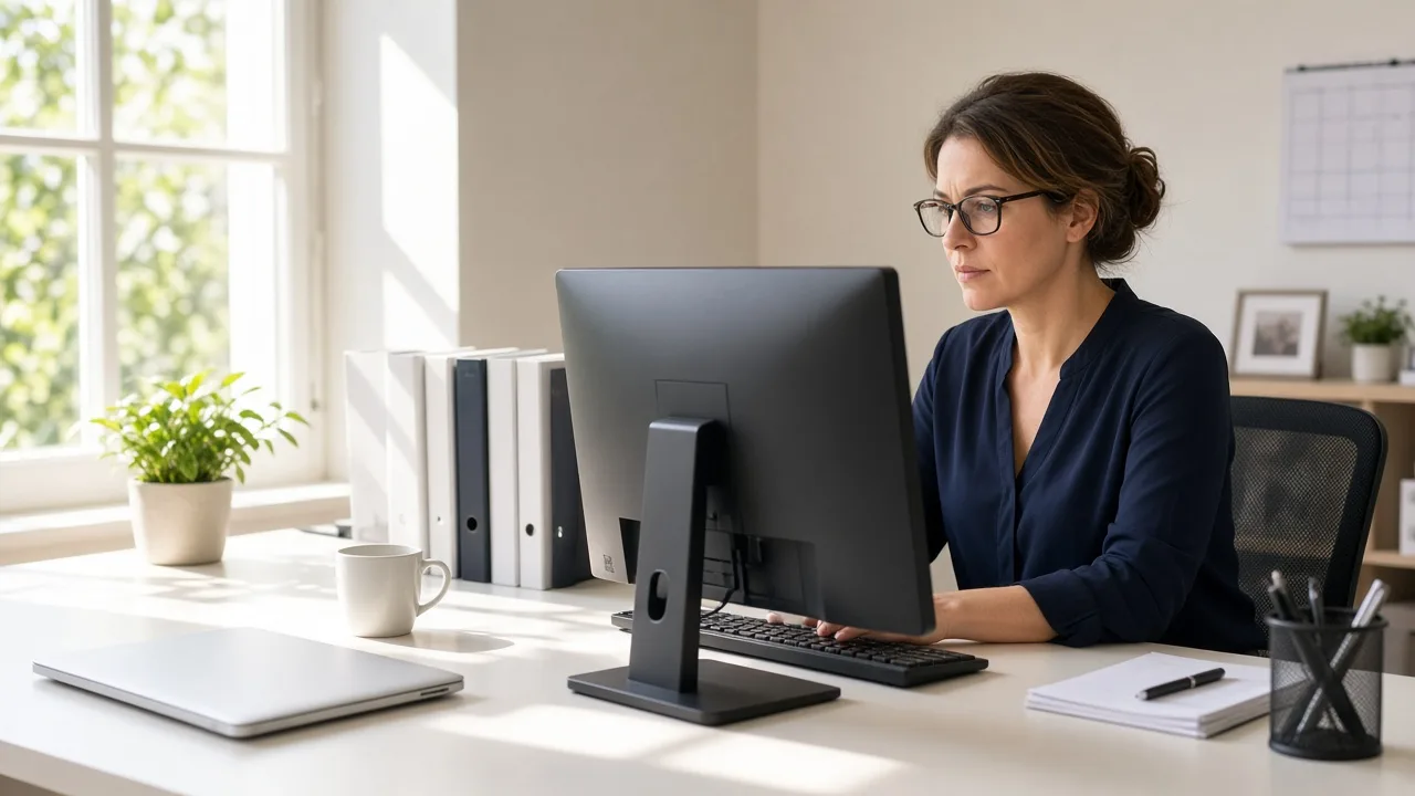 An operations administrator sits at a sunlit desk with a closed laptop and plain binders.