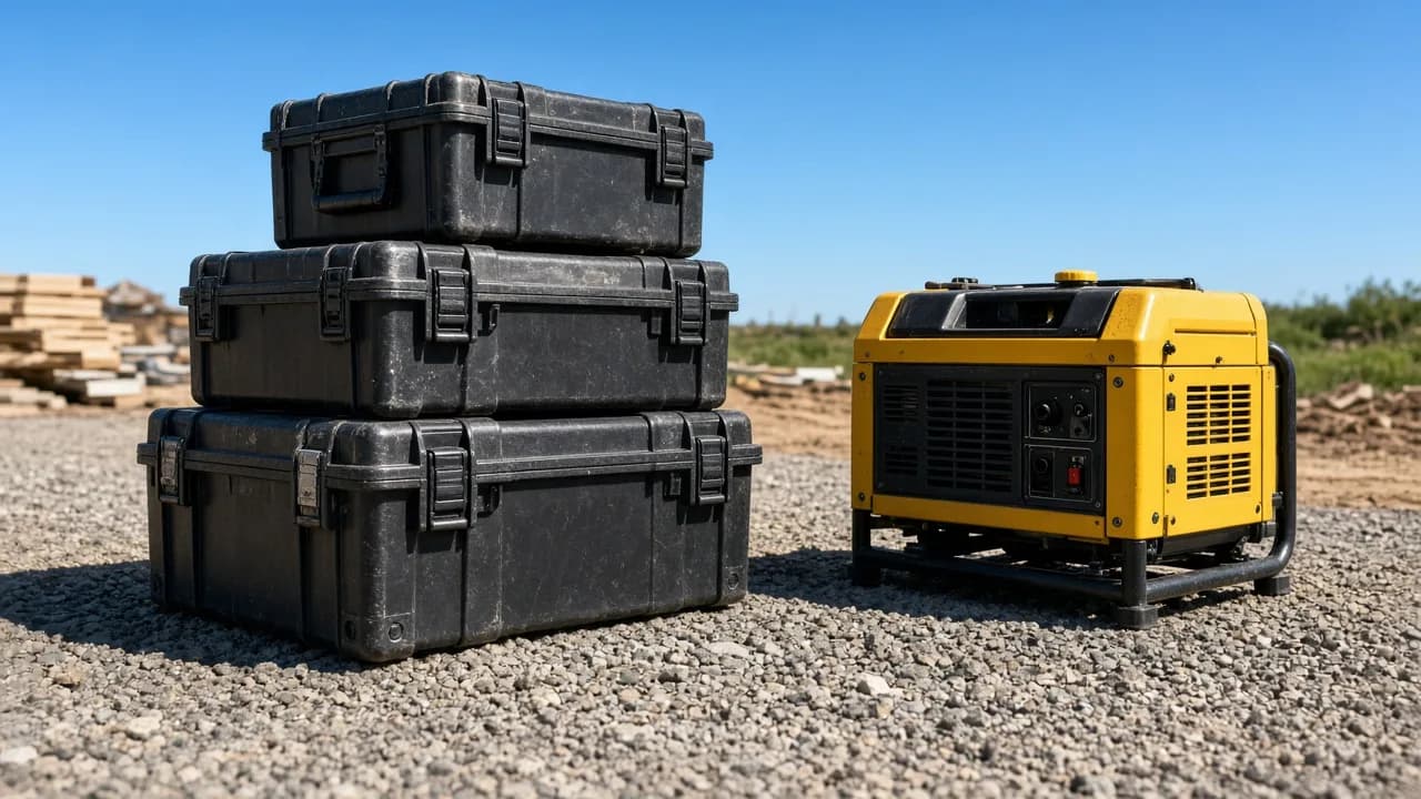 Sealed equipment cases and a plain yellow generator sit on a sunny job site.