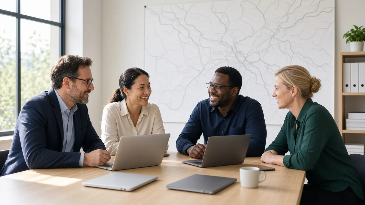 Four logistics professionals meet in a sunny office with closed laptops and a blank wall map.