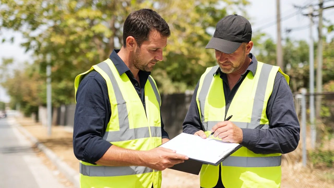 Two field technicians in plain hi vis vests review a blank job sheet outdoors.