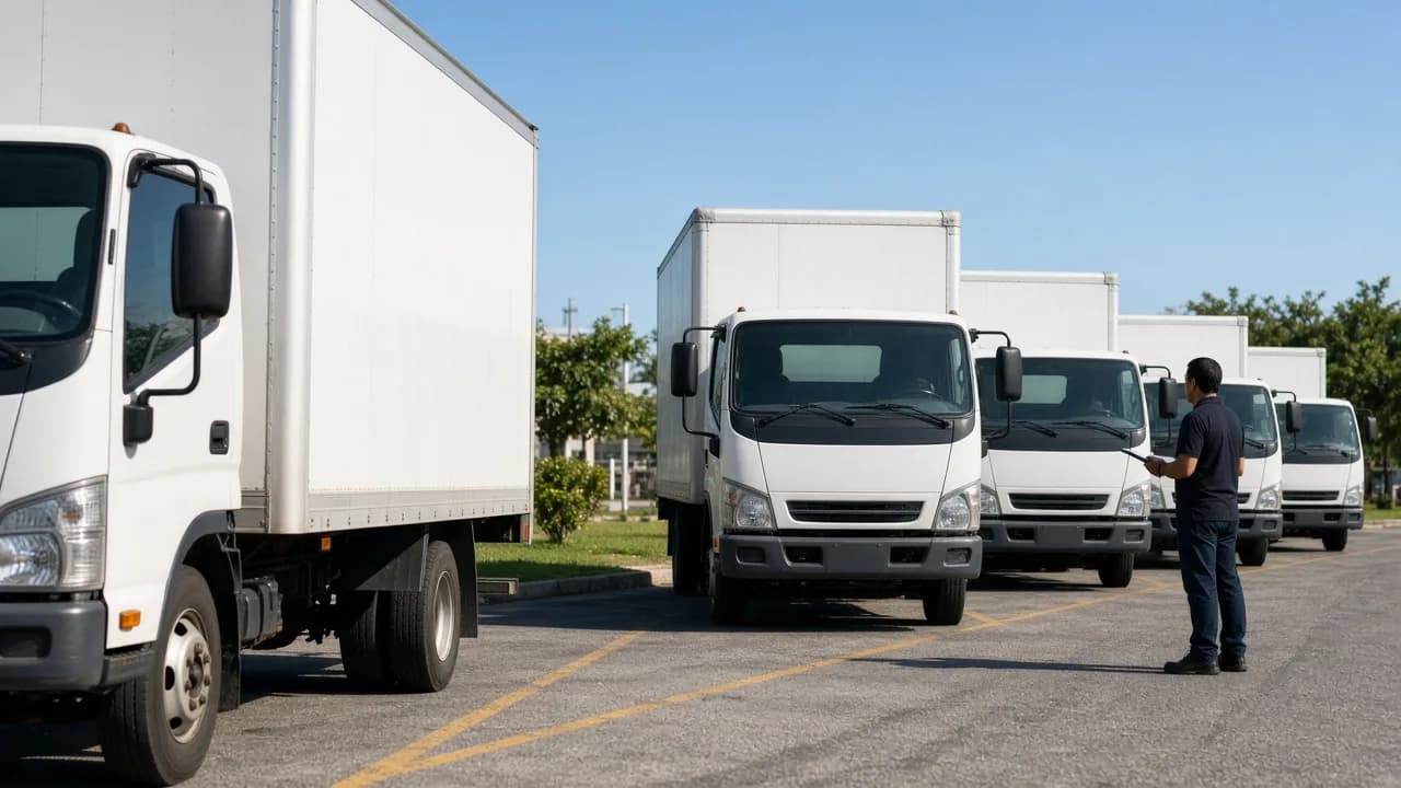 A dispatcher reviews unmarked white box trucks lined at a sunny depot.