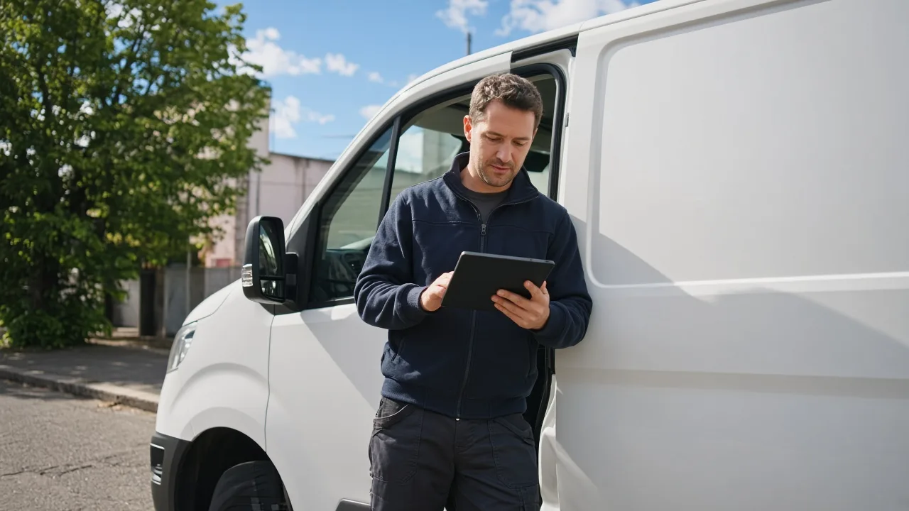 A driver stands beside a plain white van holding a tablet with the screen turned away.