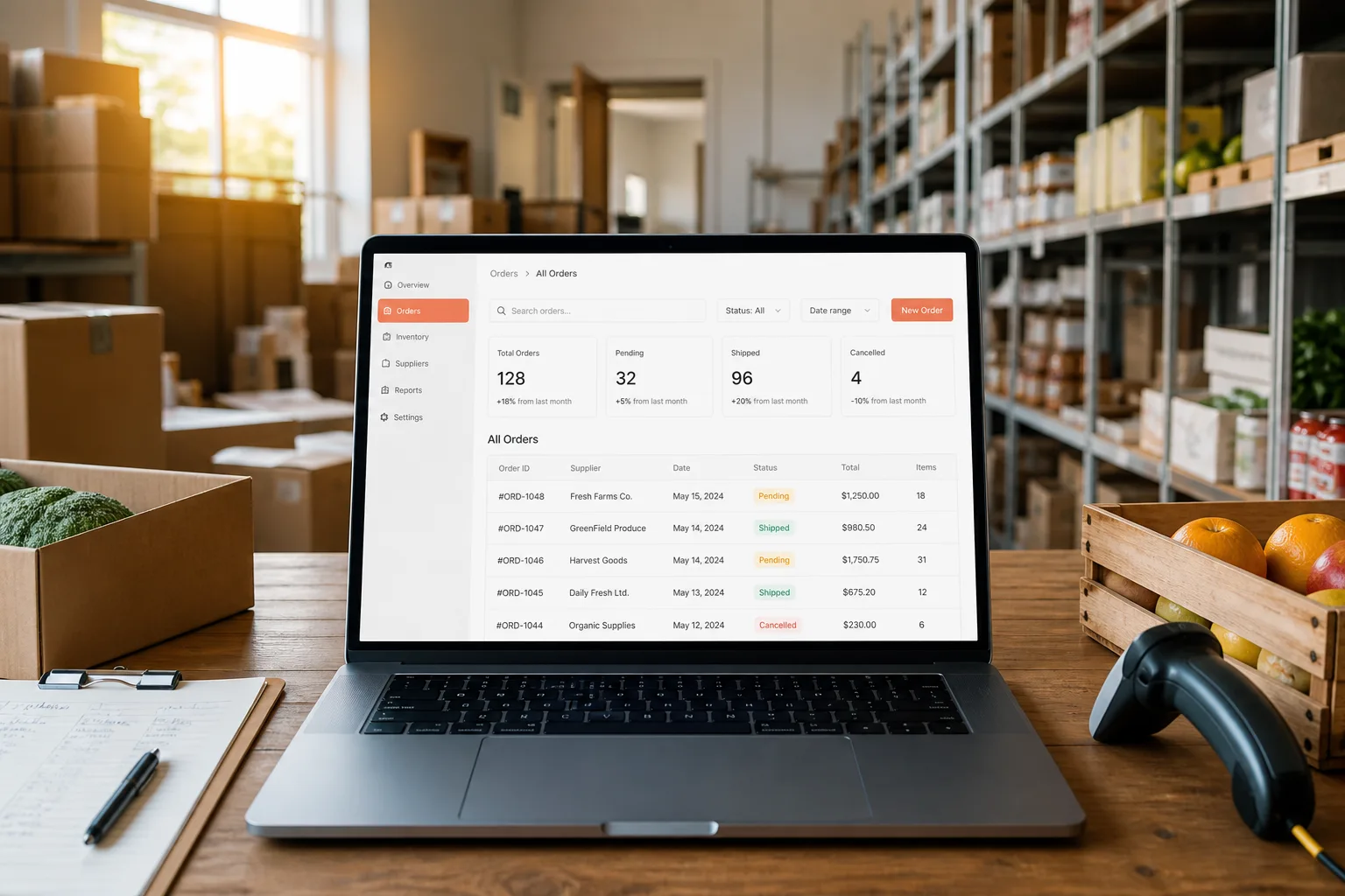 Inventory and order management with stock monitoring and warehouse workflows