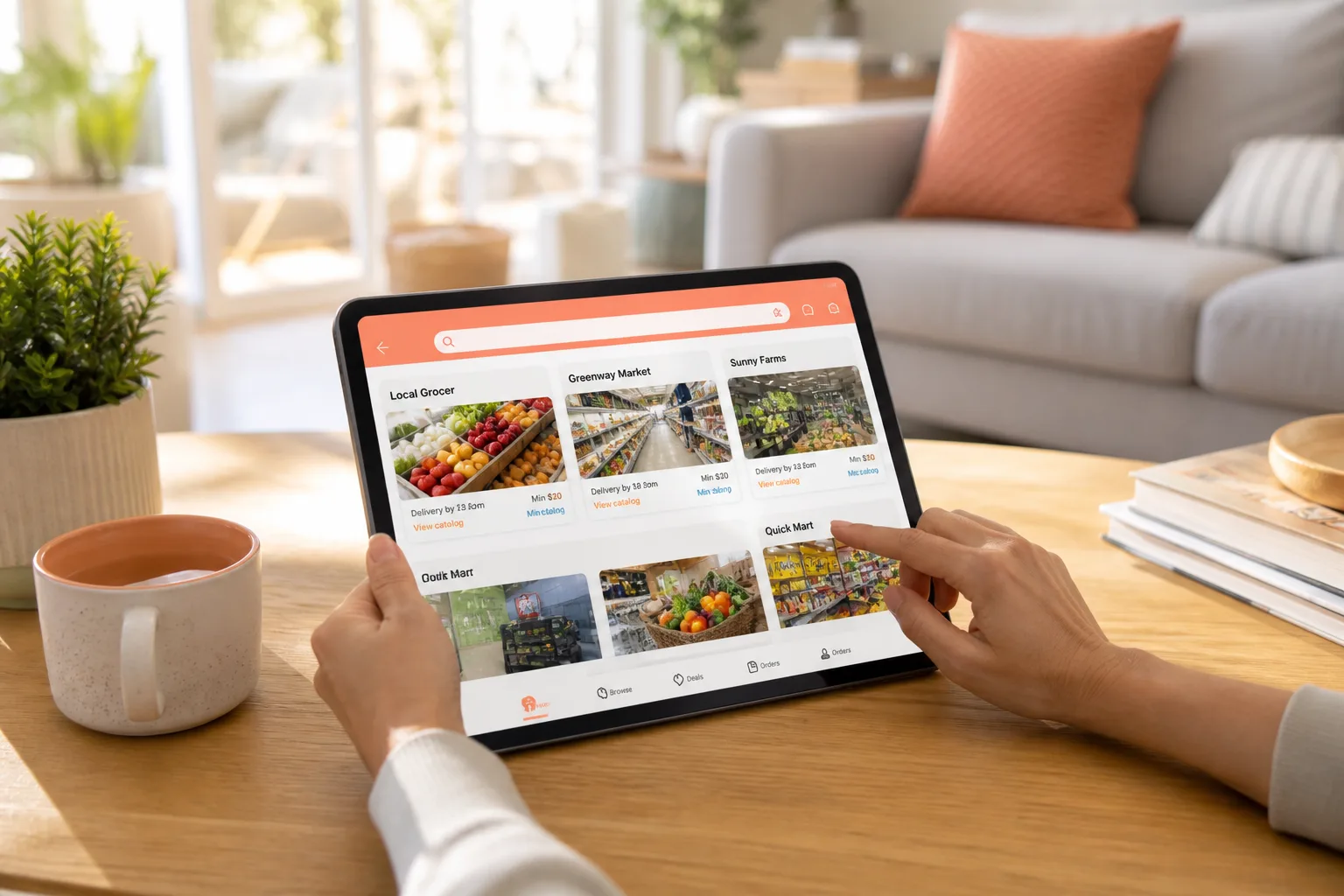 Multi store grocery marketplace with catalogs, promotions, and delivery management