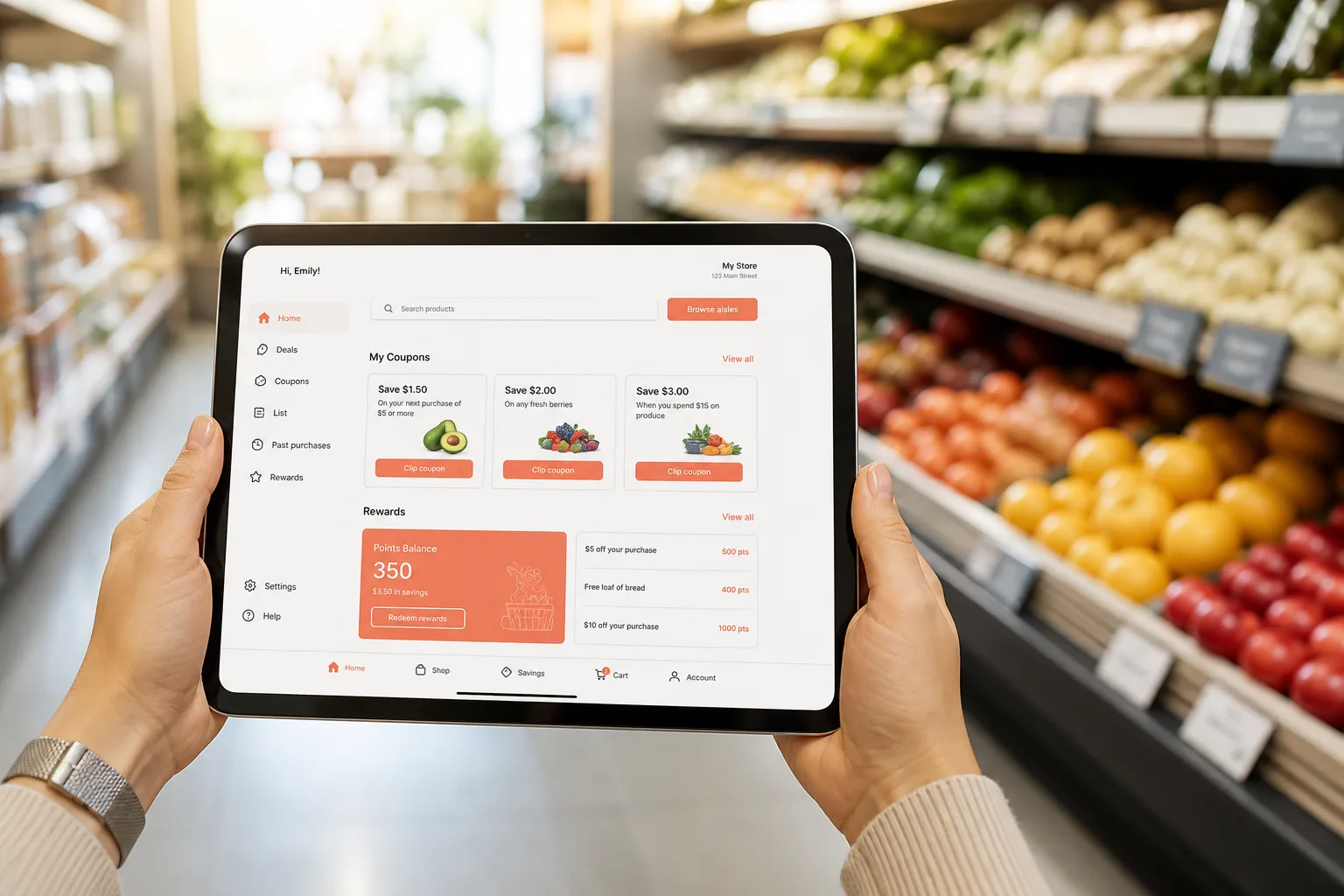 Supermarket app with online shopping, coupons, loyalty, and inventory tools