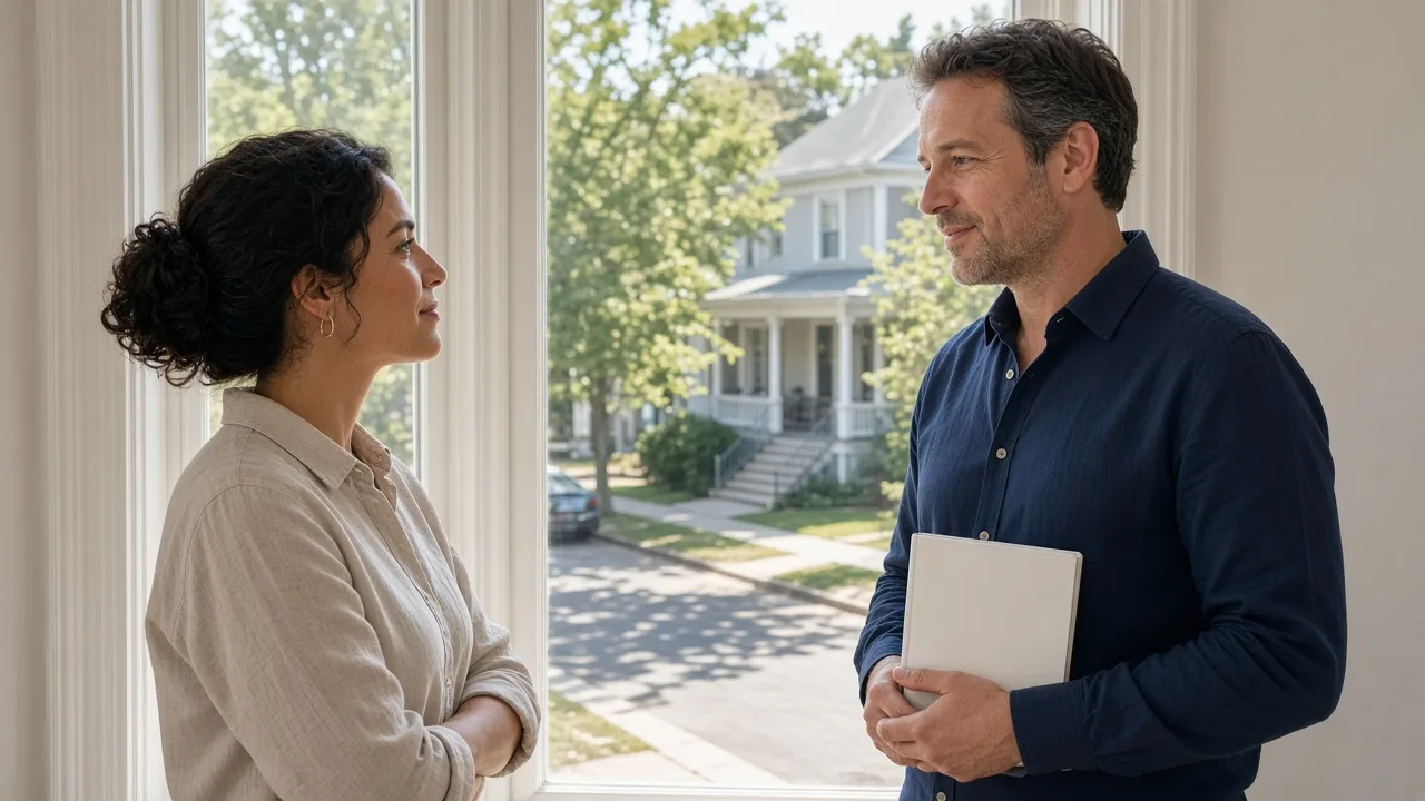 Two colleagues stand by a window overlooking a sunny residential street.