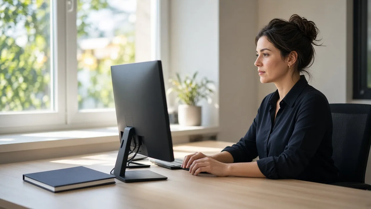 A coordinator works at a bright desk with a monitor facing away.