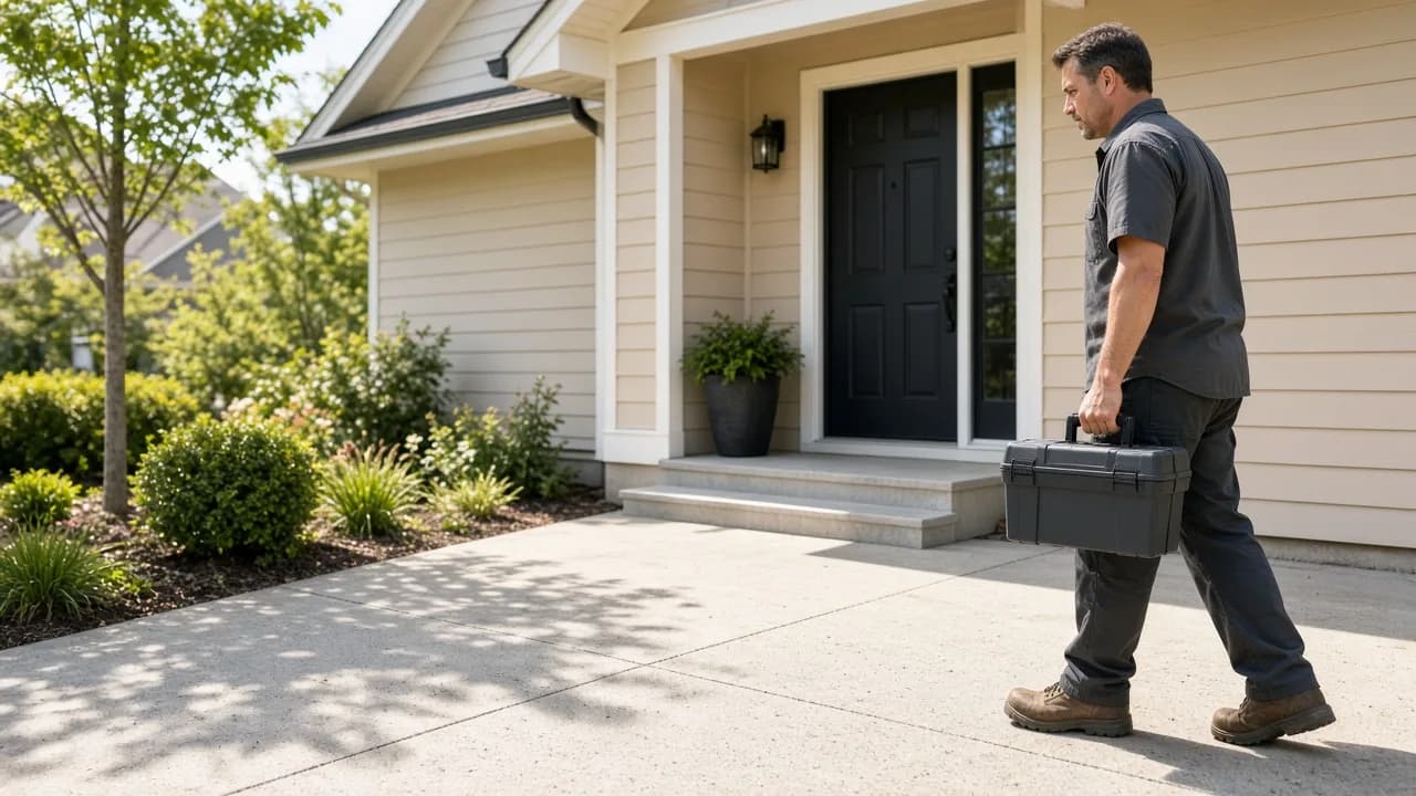 A handyman walks up a sunny driveway carrying a plain toolbox.