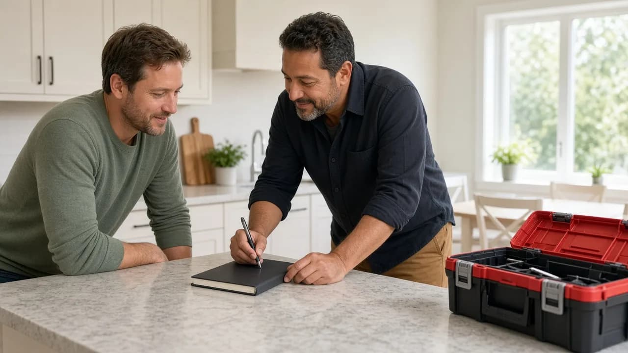 A homeowner and a handyman look at a closed notebook on a sunny kitchen counter.