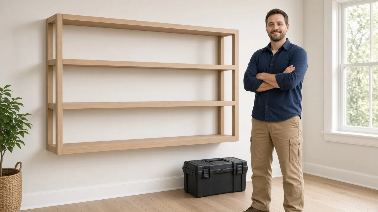 A service professional stands beside a finished shelf in a bright room.