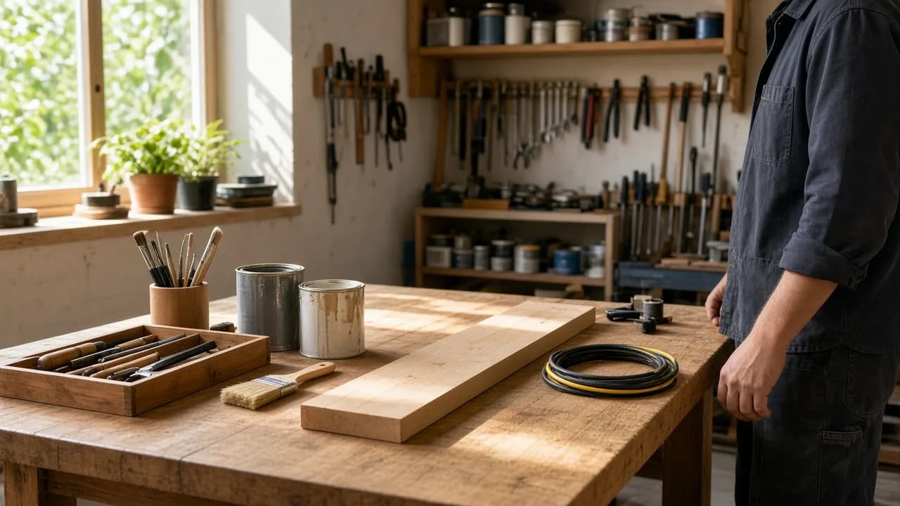 A person stands beside a bright workshop bench of tools, paint, and wood.