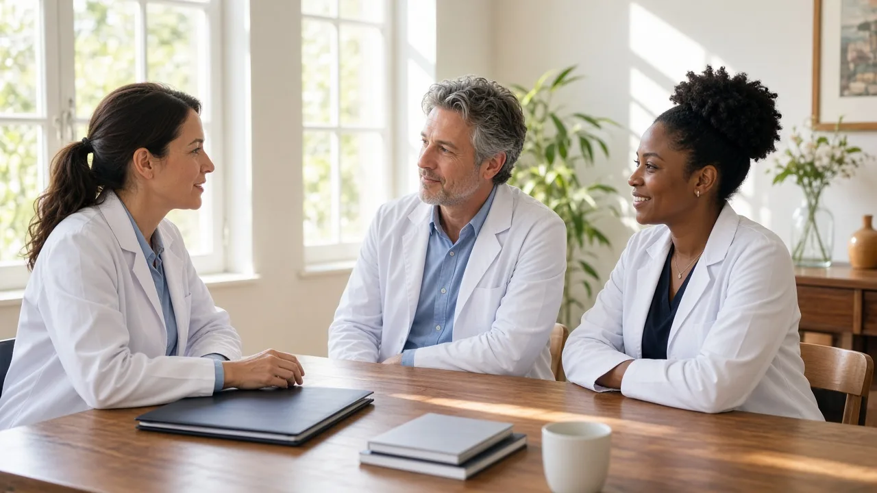 Three clinicians talk in a sunny meeting room with a closed folder.