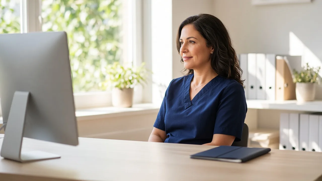A clinic coordinator sits at a light desk with a monitor facing away and a closed notebook nearby.