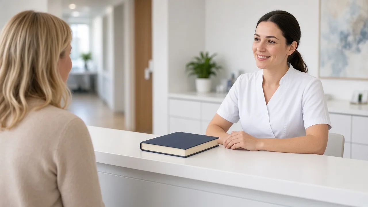 A receptionist greets a patient at a bright clinic desk beside a closed appointment book.