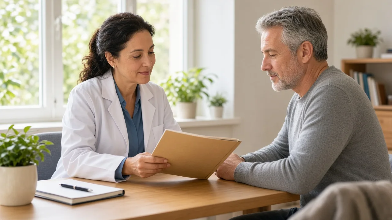 A clinician and a patient review a closed folder at a sunlit desk.