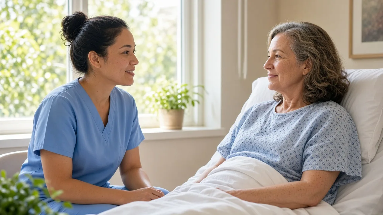 A nurse talks with a patient beside a sunny clinic window.