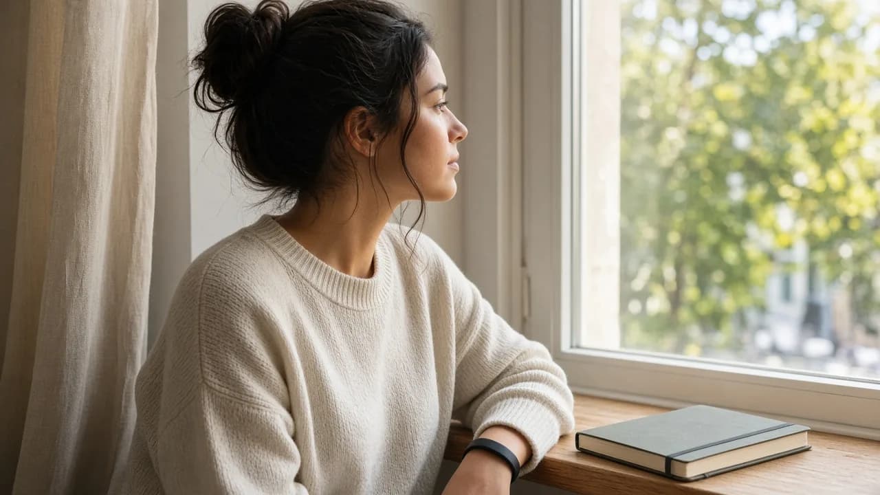 A person sits by a sunny window wearing a plain wrist band, with a closed notebook nearby.