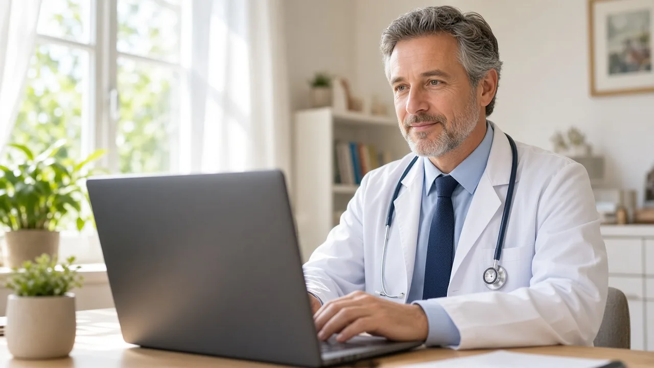 A doctor sits at a sunny desk with a laptop screen facing away, ready for a video visit.