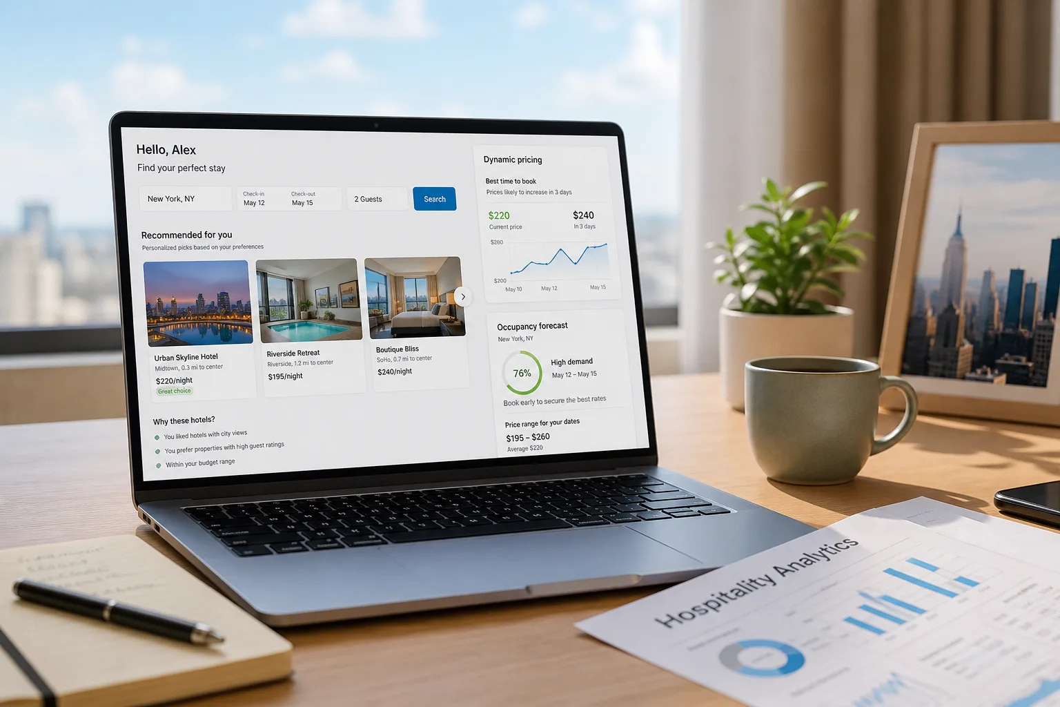 AI powered hotel booking app with recommendations, pricing insights, and occupancy forecasting