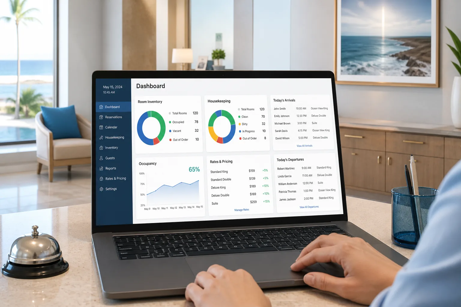 Hotel management software with room inventory, housekeeping, and guest communication