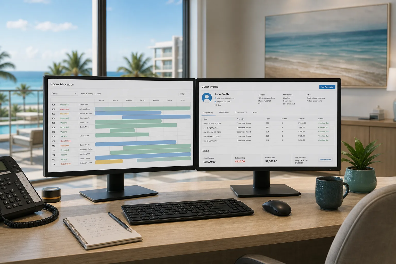Property management system with room allocation, reservations, and housekeeping coordination