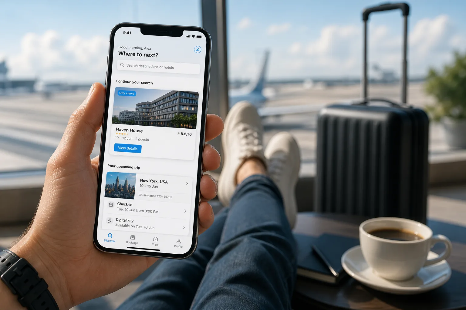Travel mobile app with hotel discovery, digital check in, and itinerary management