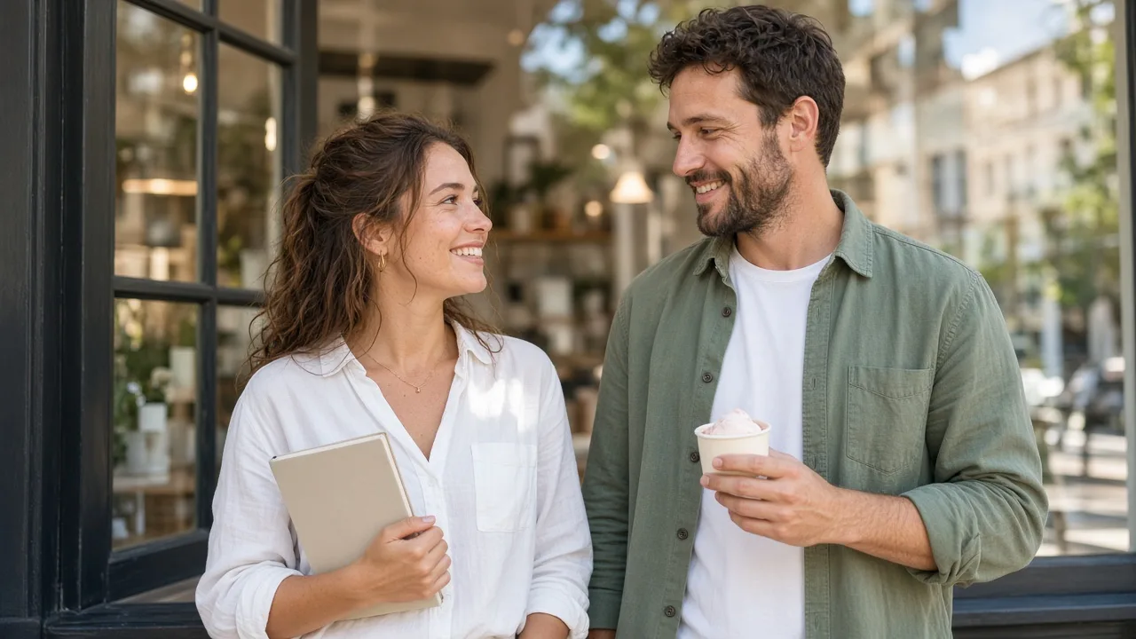 Two people stand by a sunny shop window with a closed notebook and a plain ice cream cup.