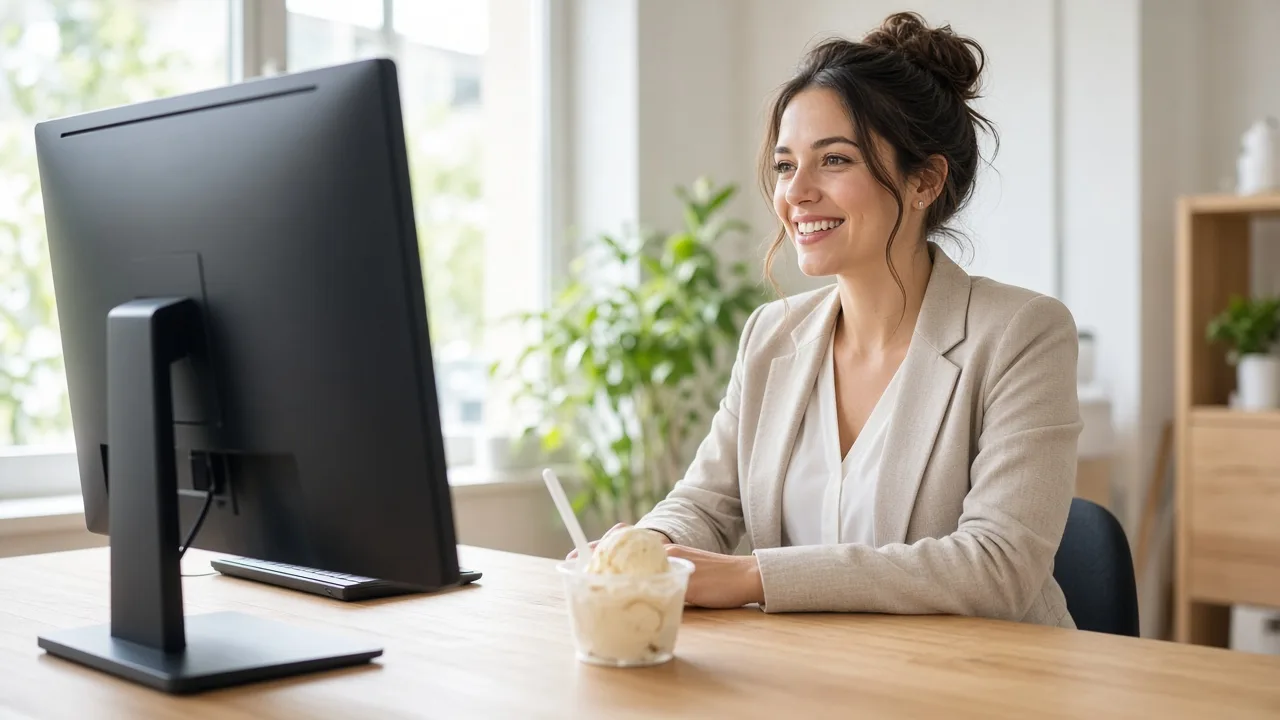 A coordinator sits at a sunny desk with a monitor facing away and a cup of ice cream nearby.