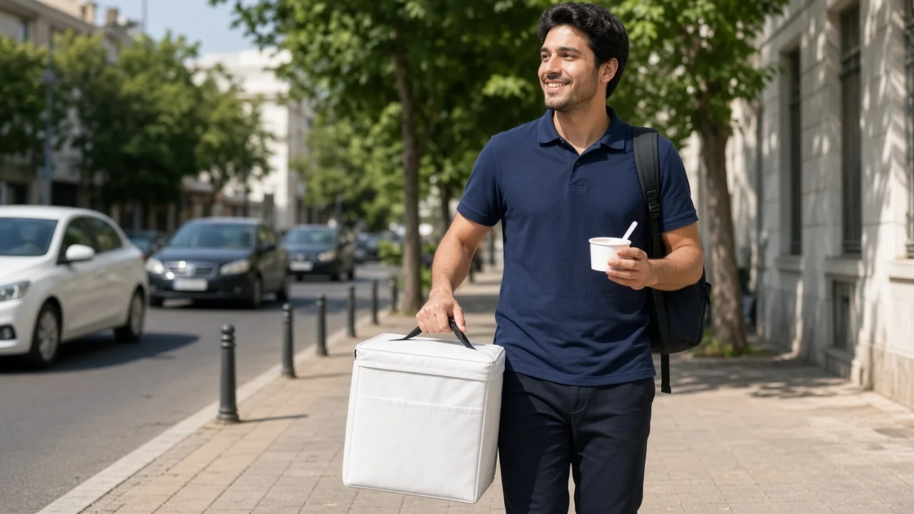 A courier walks a sunny street carrying a plain white bag and a cup of ice cream.