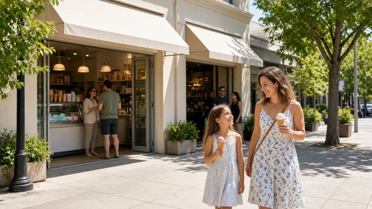 People walk past sunny ice cream shops with plain awnings while holding cones.