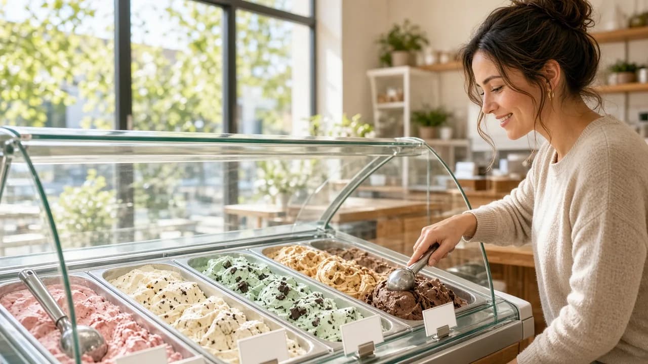 A customer looks at colorful scoops in a sunny ice cream case.
