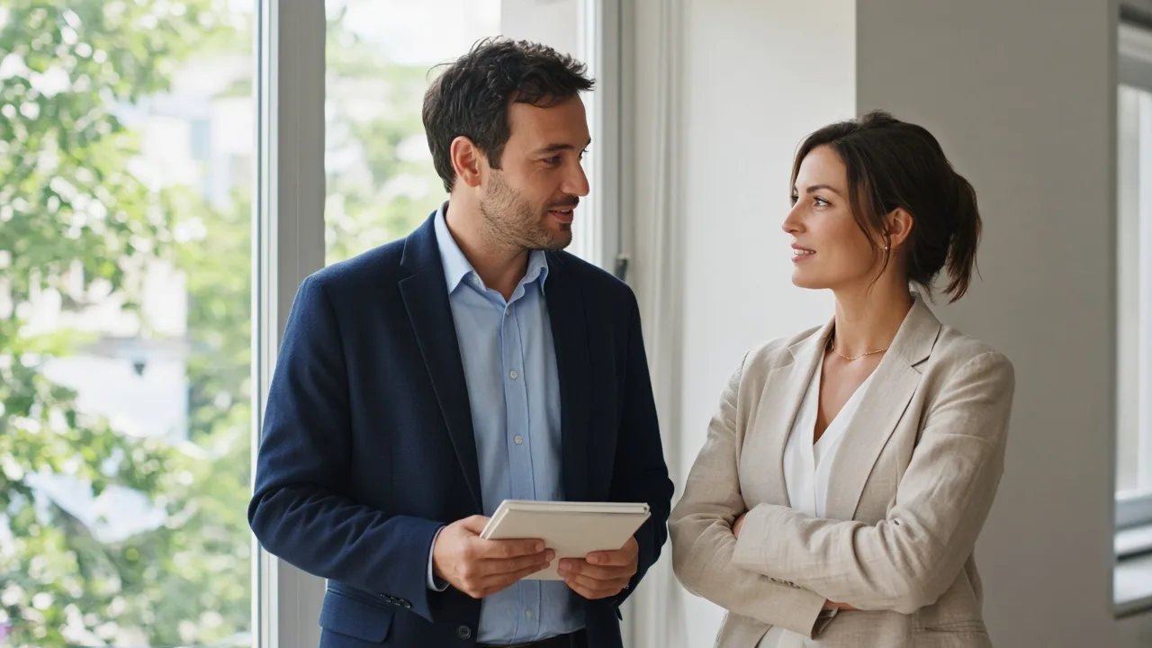 Two colleagues stand by a bright window with a closed notebook.