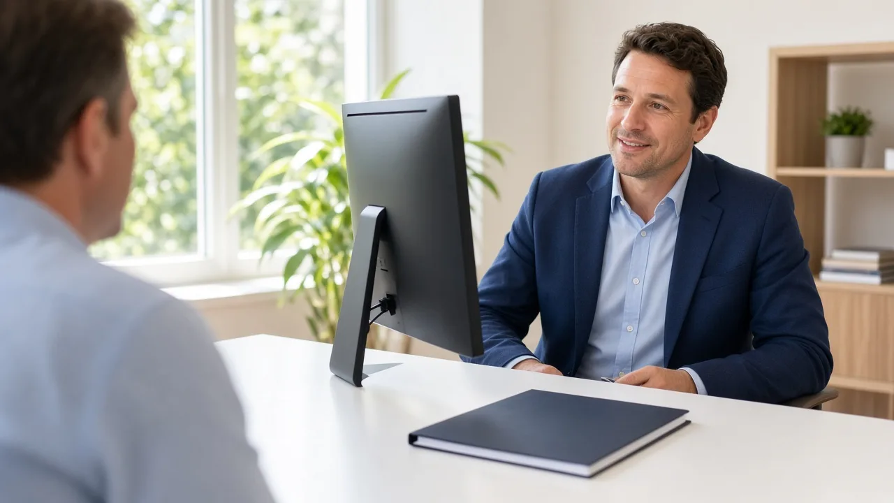 An agent talks with a client across a sunny desk, with a monitor facing away.