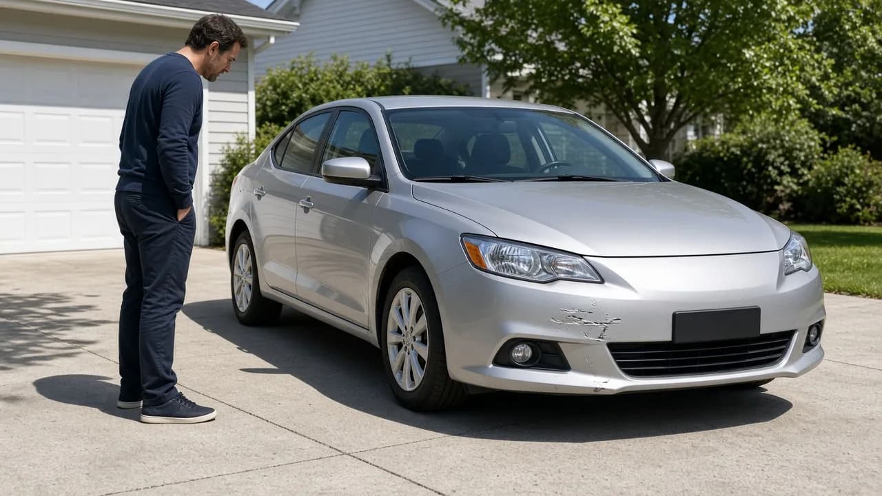 A person looks at a small scuff on a silver car in a sunny driveway.