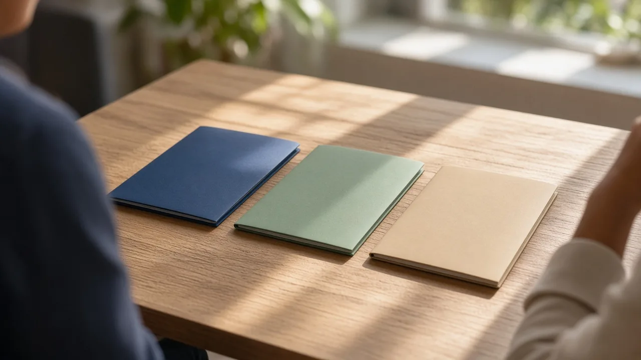 Two people talk beside three closed folders on a sunlit table.