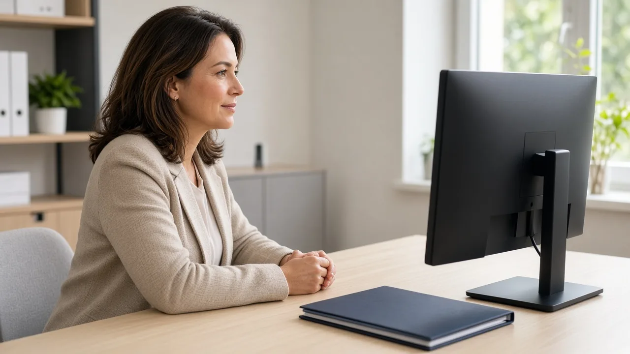 A coordinator sits at a light desk with a monitor facing away and a closed folder nearby.